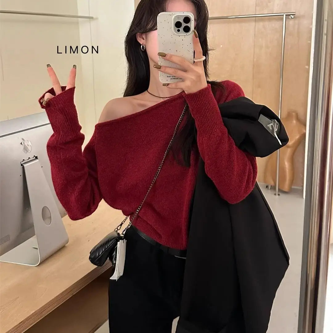 CR8MODE Gray Asymmetrical One-Shoulder Knitted Sweater – Women’s Chic Long Sleeve Crew Neck Top