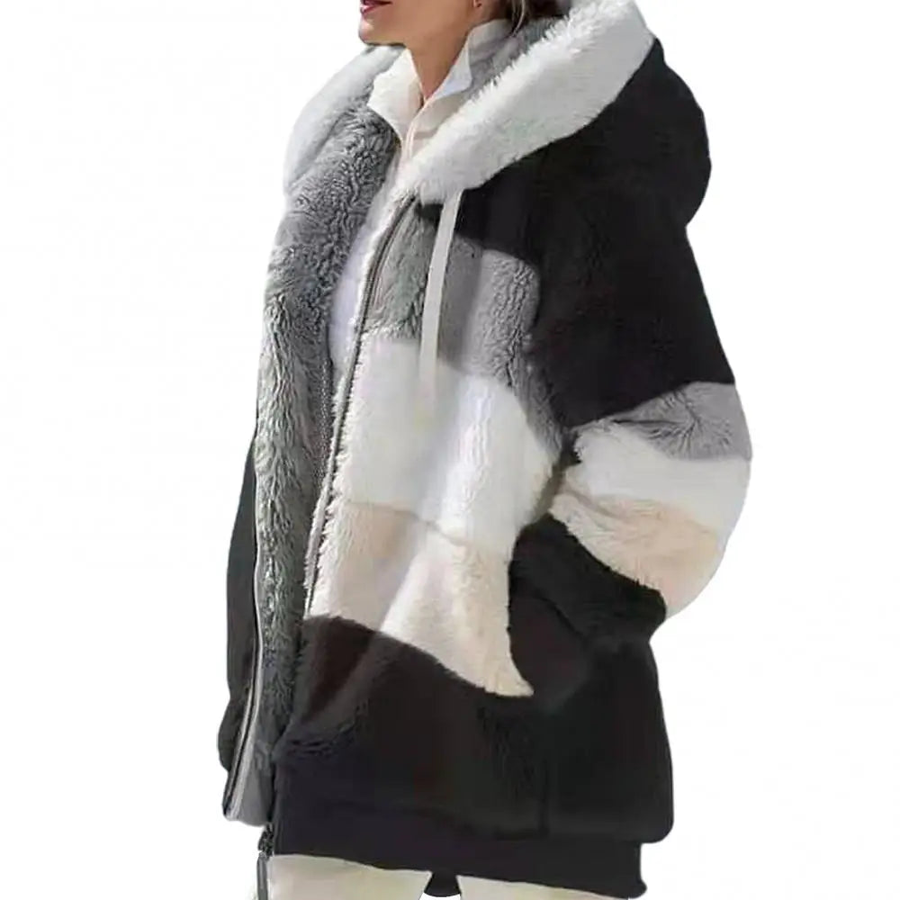 CR8MODE Women’s Fleece Color Block Parka – Autumn Winter Warm Hooded Coat with Zipper Closure