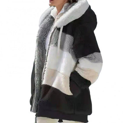 CR8MODE Women’s Fleece Color Block Parka – Autumn Winter Warm Hooded Coat with Zipper Closure