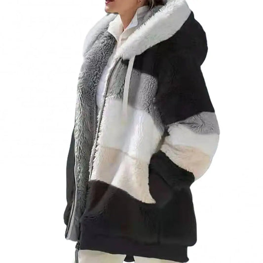 CR8MODE Women’s Fleece Color Block Parka – Autumn Winter Warm Hooded Coat with Zipper Closure