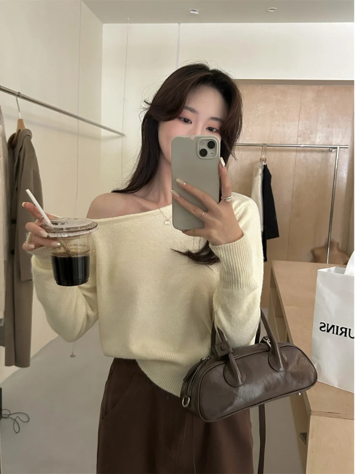 CR8MODE Gray Asymmetrical One-Shoulder Knitted Sweater – Women’s Chic Long Sleeve Crew Neck Top
