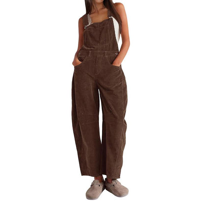  Women’s Corduroy Overall Barrel Wide-Leg Bib Pants – Adjustable Romper Jumpsuit with Pockets for Fall & Winter