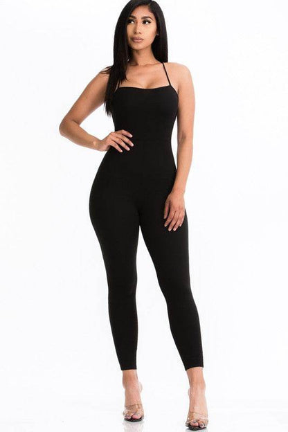 Criss-Cross Open Back Bodycon Jumpsuit – Women’s Sleeveless Round Neck Stretch Jersey One-Piece