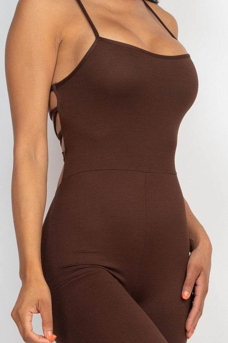 Criss-Cross Open Back Bodycon Jumpsuit – Women’s Sleeveless Round Neck Stretch Jersey One-Piece
