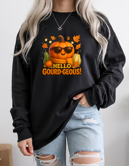 Hello Gourd-Geous Unisex Autumn Sweatshirt- CR8-MODE Black Long Sleeve Sweatshirt – Bella + Canvas 3501 | Premium Unisex Jersey, Modern Streetwear Essential