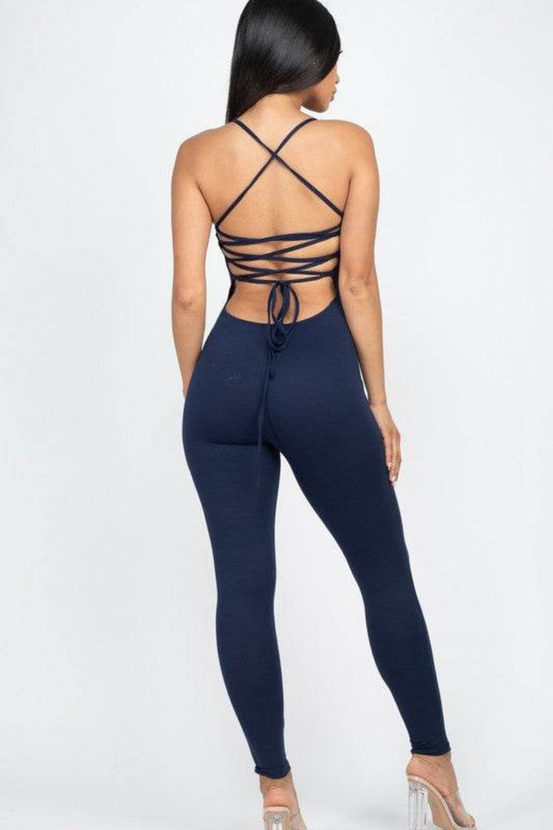 Criss-Cross Open Back Bodycon Jumpsuit – Women’s Sleeveless Round Neck Stretch Jersey One-Piece