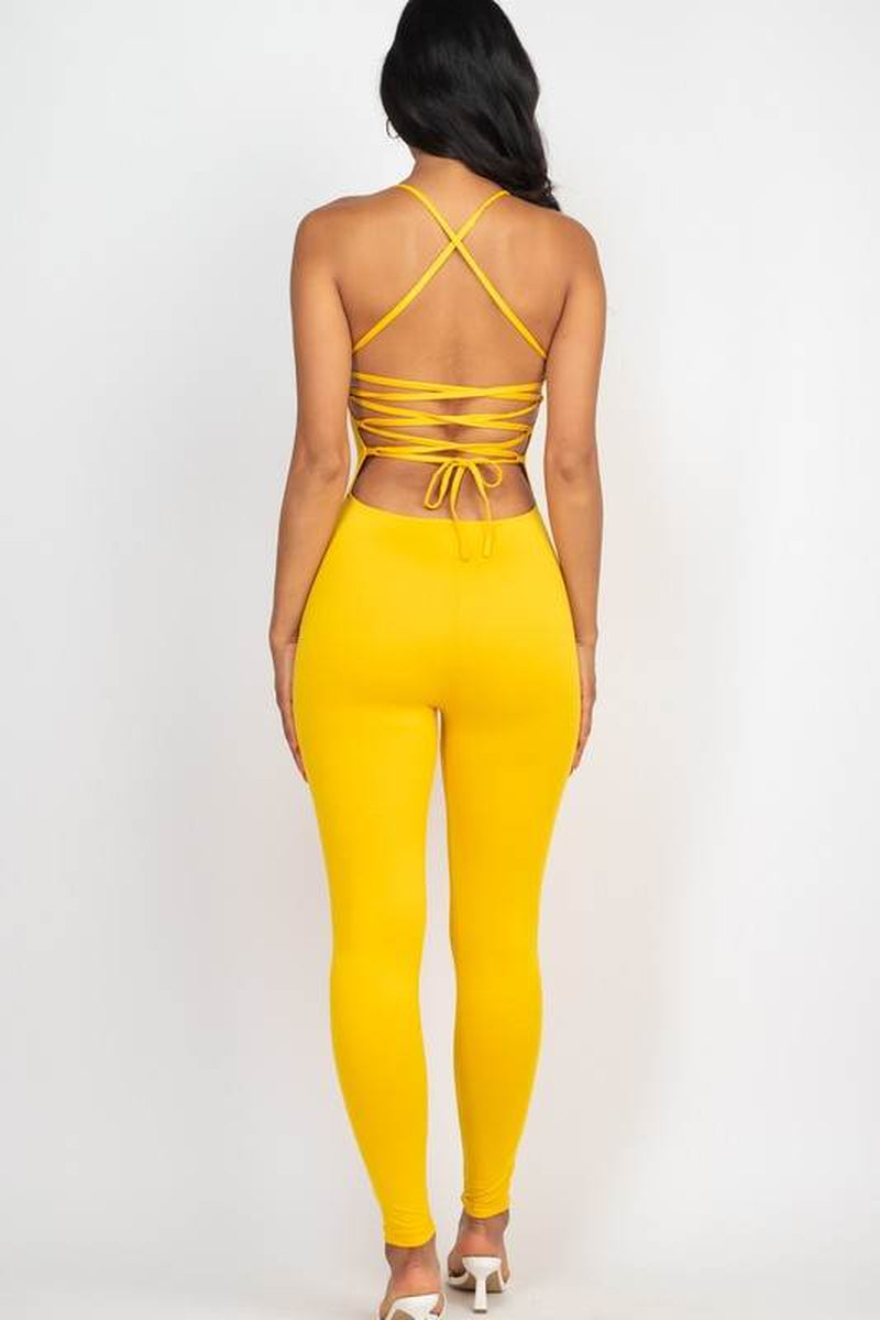 Criss-Cross Open Back Bodycon Jumpsuit – Women’s Sleeveless Round Neck Stretch Jersey One-Piece