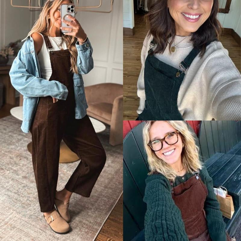  Women’s Corduroy Overall Barrel Wide-Leg Bib Pants – Adjustable Romper Jumpsuit with Pockets for Fall & Winter