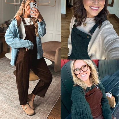  Women’s Corduroy Overall Barrel Wide-Leg Bib Pants – Adjustable Romper Jumpsuit with Pockets for Fall & Winter