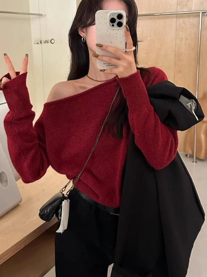 CR8MODE Gray Asymmetrical One-Shoulder Knitted Sweater – Women’s Chic Long Sleeve Crew Neck Top