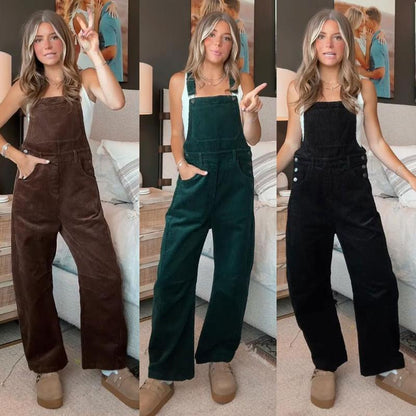  Women’s Corduroy Overall Barrel Wide-Leg Bib Pants – Adjustable Romper Jumpsuit with Pockets for Fall & Winter