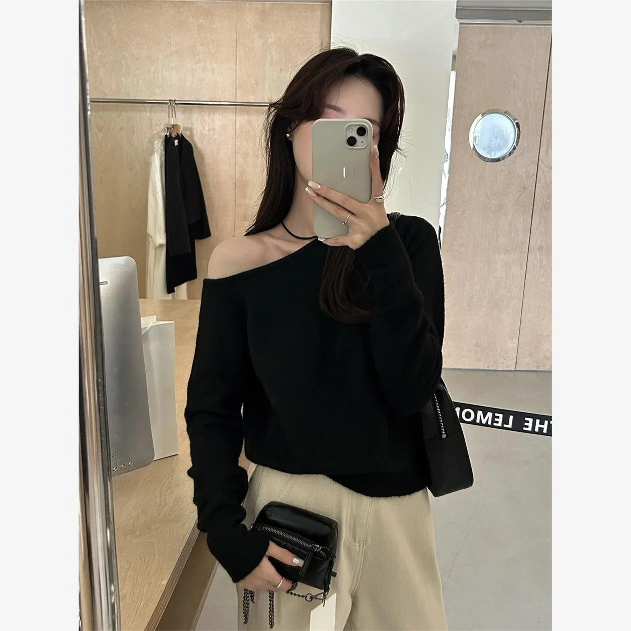 CR8MODE Gray Asymmetrical One-Shoulder Knitted Sweater – Women’s Chic Long Sleeve Crew Neck Top