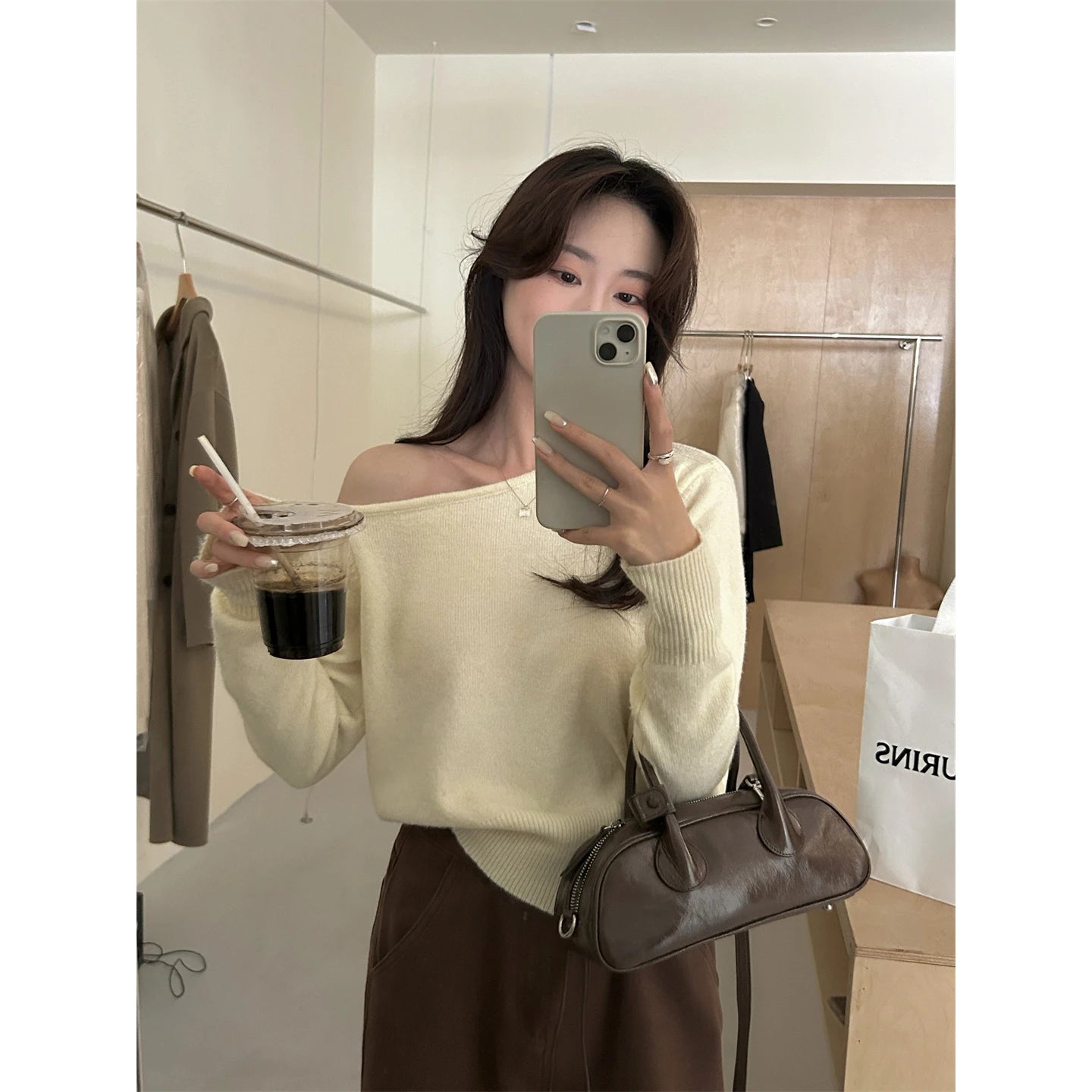 CR8MODE Gray Asymmetrical One-Shoulder Knitted Sweater – Women’s Chic Long Sleeve Crew Neck Top