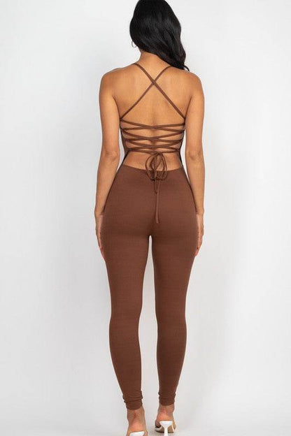 Criss-Cross Open Back Bodycon Jumpsuit – Women’s Sleeveless Round Neck Stretch Jersey One-Piece
