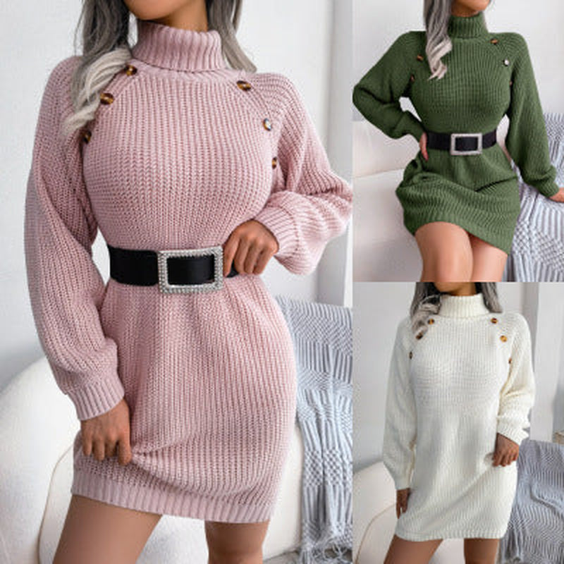 Winter Turtleneck Long Sweater Dress – Women’s Button Design Street Style Knit Dress (No Belt)  