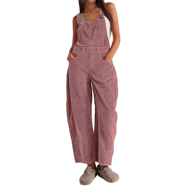  Women’s Corduroy Overall Barrel Wide-Leg Bib Pants – Adjustable Romper Jumpsuit with Pockets for Fall & Winter