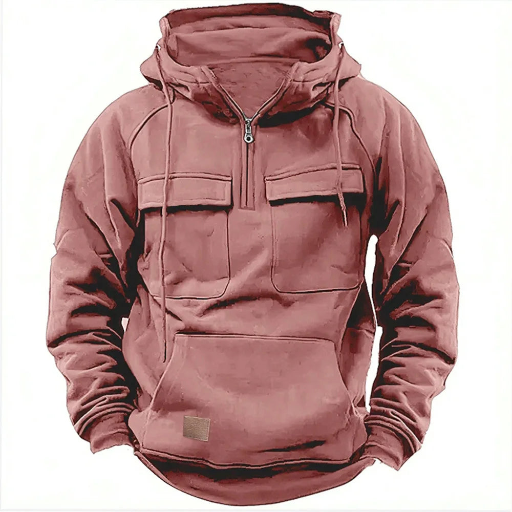 New Autumn-Winter Men’s Multi-Pocket Hoodie – Solid-Color Casual Pullover with Streetwear Patch Design | CR8MODE