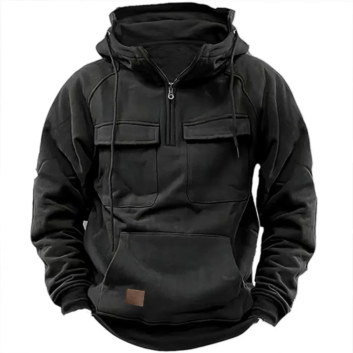 New Autumn-Winter Men’s Multi-Pocket Hoodie – Solid-Color Casual Pullover with Streetwear Patch Design | CR8MODE