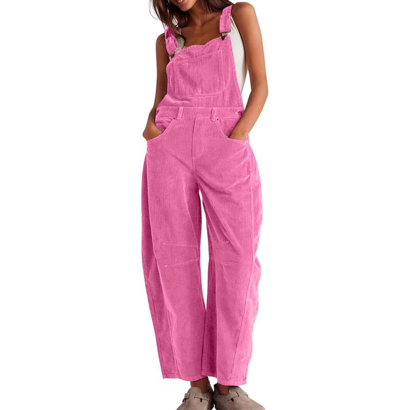  Women’s Corduroy Overall Barrel Wide-Leg Bib Pants – Adjustable Romper Jumpsuit with Pockets for Fall & Winter