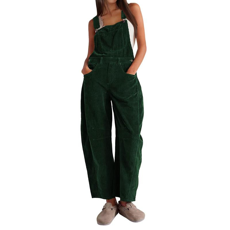  Women’s Corduroy Overall Barrel Wide-Leg Bib Pants – Adjustable Romper Jumpsuit with Pockets for Fall & Winter