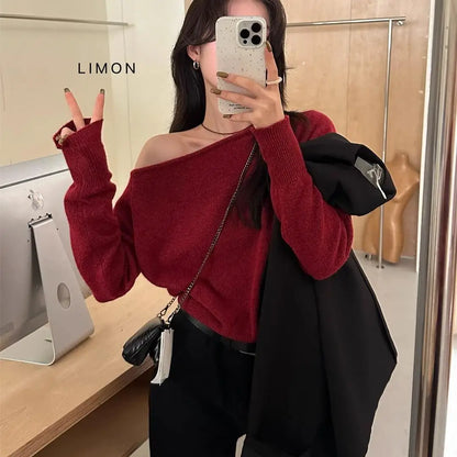 CR8MODE Gray Asymmetrical One-Shoulder Knitted Sweater – Women’s Chic Long Sleeve Crew Neck Top