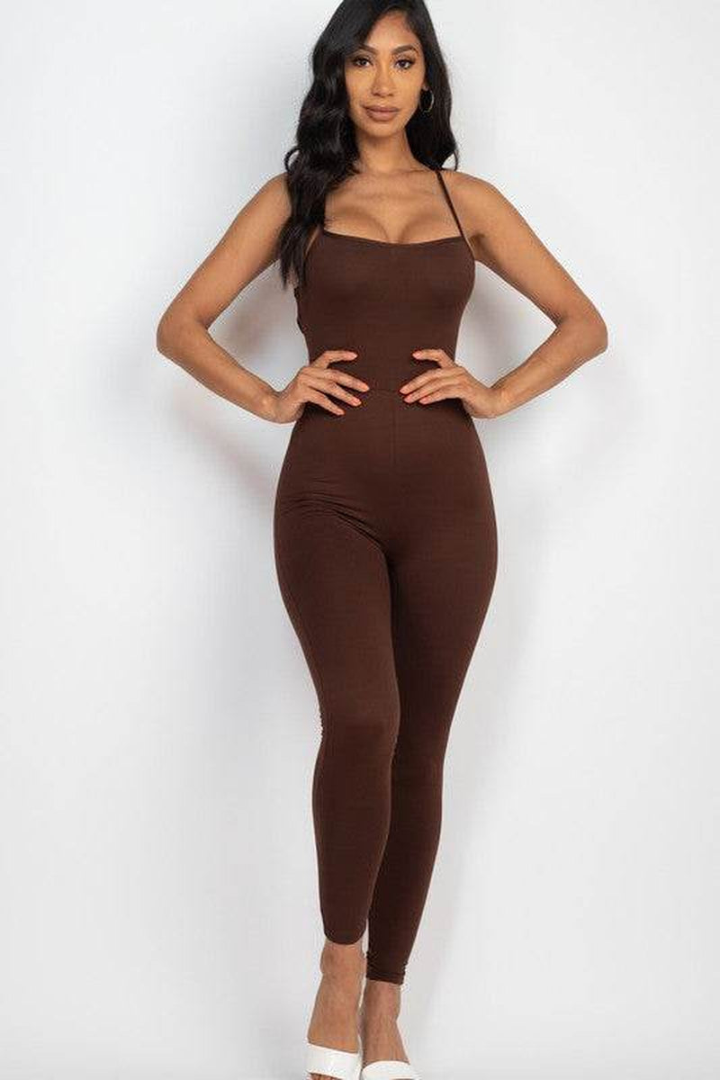 Criss-Cross Open Back Bodycon Jumpsuit – Women’s Sleeveless Round Neck Stretch Jersey One-Piece