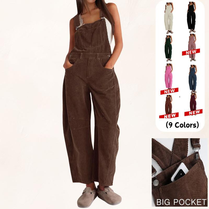  Women’s Corduroy Overall Barrel Wide-Leg Bib Pants – Adjustable Romper Jumpsuit with Pockets for Fall & Winter