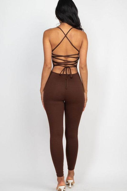 Criss-Cross Open Back Bodycon Jumpsuit – Women’s Sleeveless Round Neck Stretch Jersey One-Piece
