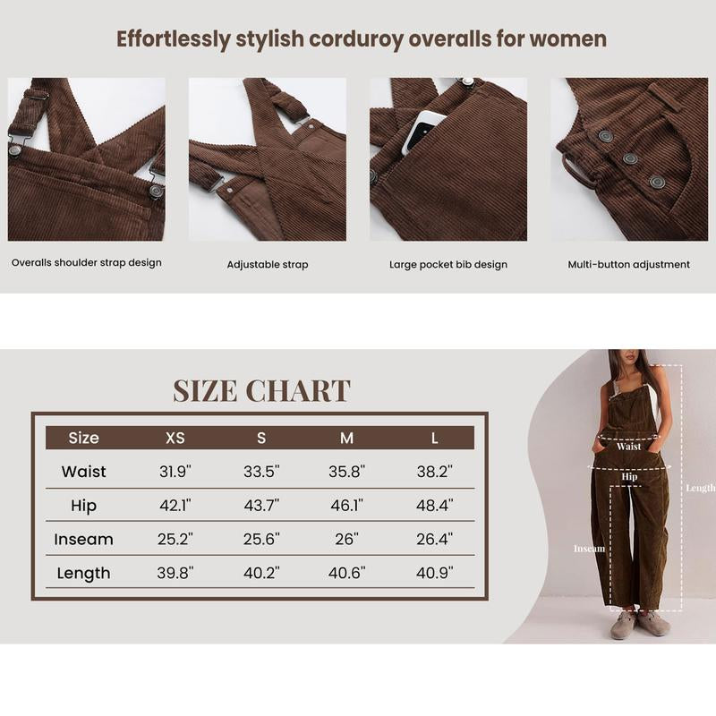  Women’s Corduroy Overall Barrel Wide-Leg Bib Pants – Adjustable Romper Jumpsuit with Pockets for Fall & Winter