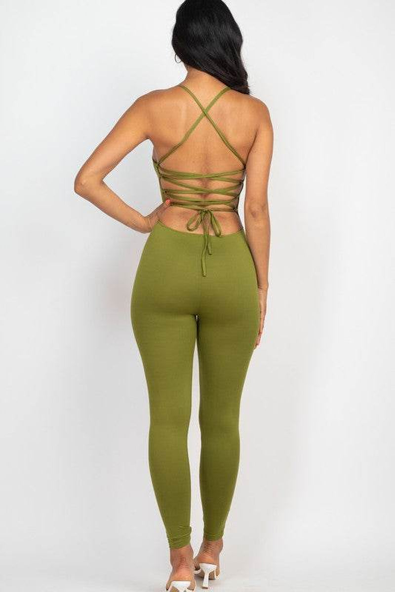 Criss-Cross Open Back Bodycon Jumpsuit – Women’s Sleeveless Round Neck Stretch Jersey One-Piece