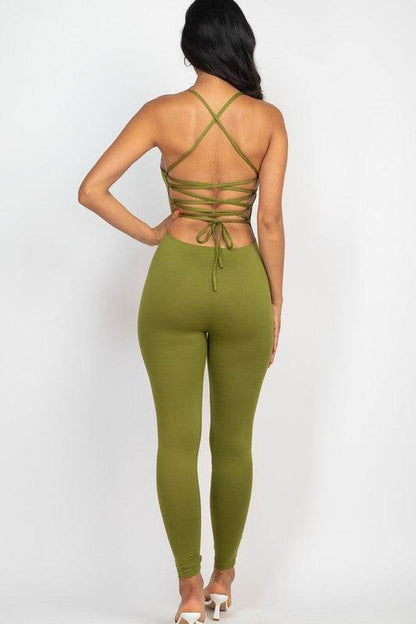 Criss-Cross Open Back Bodycon Jumpsuit – Women’s Sleeveless Round Neck Stretch Jersey One-Piece