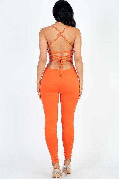 Criss-Cross Open Back Bodycon Jumpsuit – Women’s Sleeveless Round Neck Stretch Jersey One-Piece
