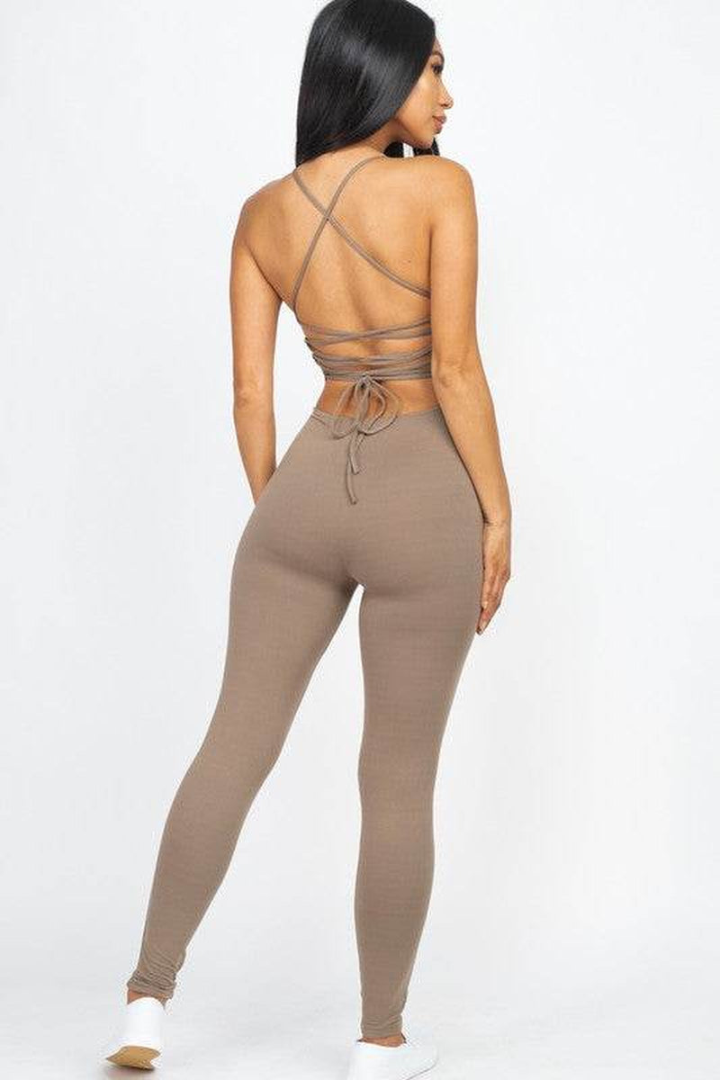 Criss-Cross Open Back Bodycon Jumpsuit – Women’s Sleeveless Round Neck Stretch Jersey One-Piece
